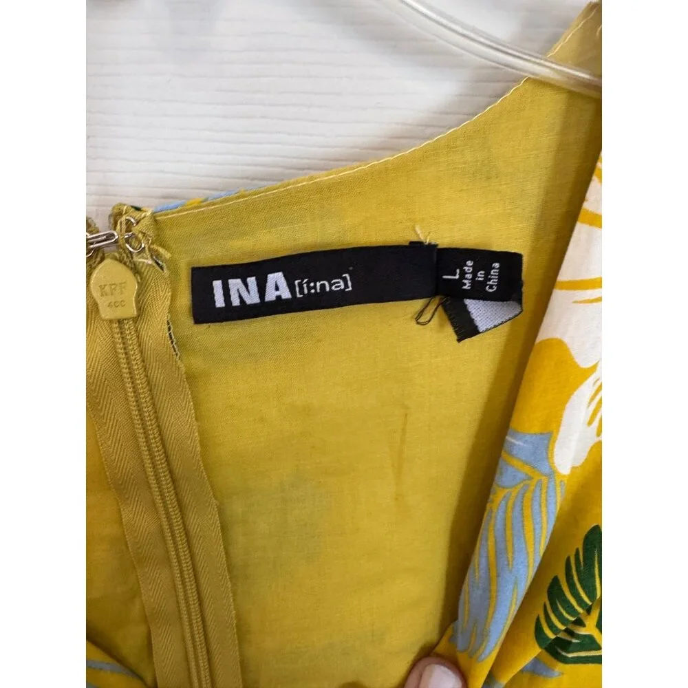 INA Yellow Tropical Floral Short sleeve V-neck Mini Dress Size Large - Picture 5 of 13